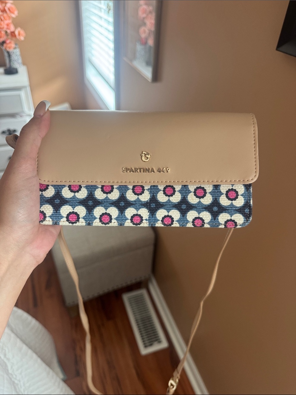 Spartina 449 Beige Floral-Print Crossbody Wallet with Navy & Pink Accents